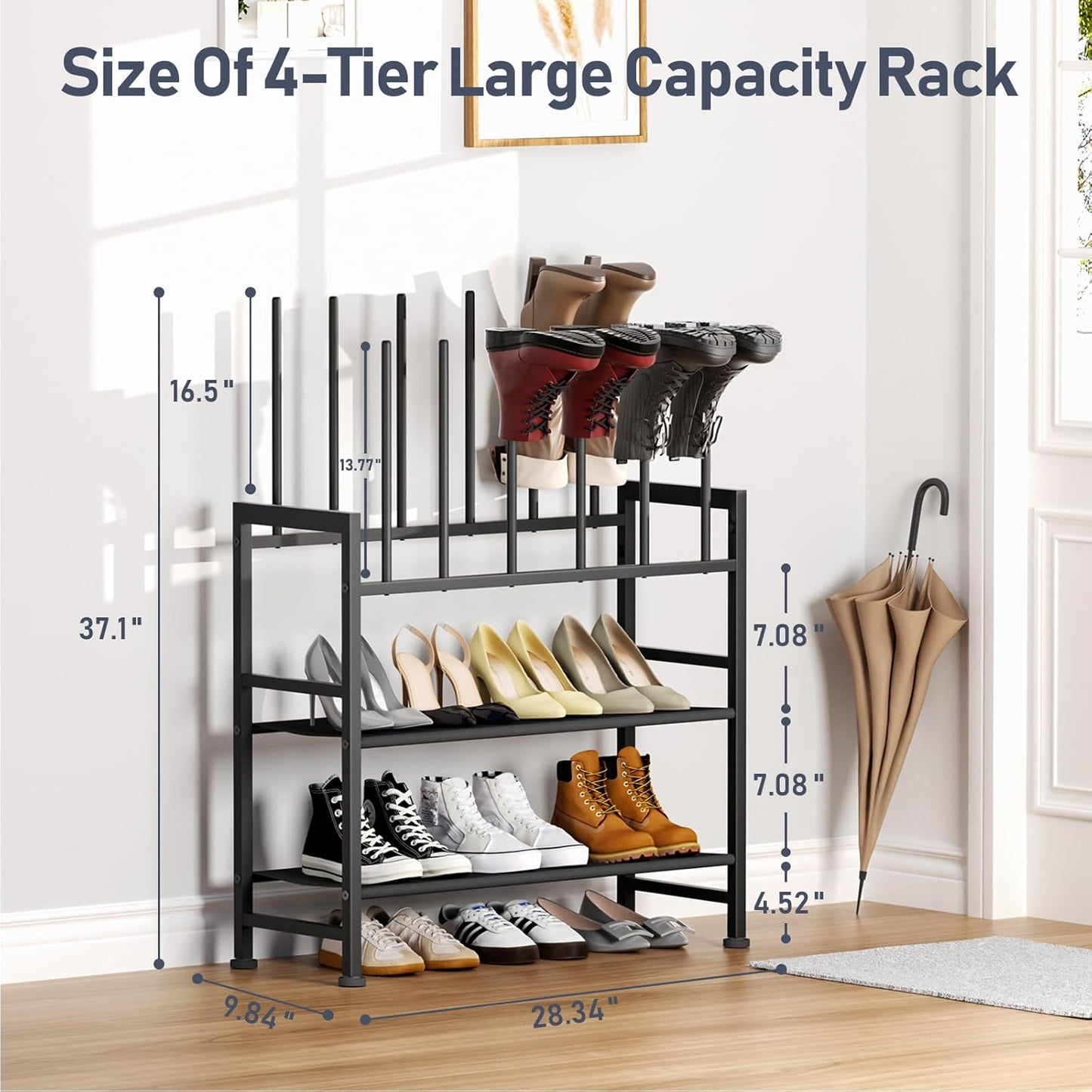 Boot Rack 4-Tier - Black Metal Boot Storage Rack for Tall Boots Organizer Tall Boots, Multiuse Shoe Rack for Boots, Sneakers, High-Heel, Entryway, Fits 6 Pairs