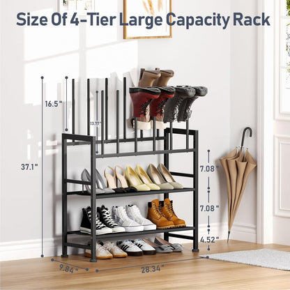 Boot Rack 4-Tier - Black Metal Boot Storage Rack for Tall Boots Organizer Tall Boots, Multiuse Shoe Rack for Boots, Sneakers, High-Heel, Entryway, Fits 6 Pairs