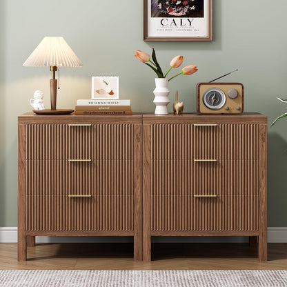 Fluted Nightstands Set of 2, Wooden Farmhouse Night Stands with 6 Drawer Bedside Table - Boho Tall End Table Accent Table for Bedroom, Living Room, Walnut