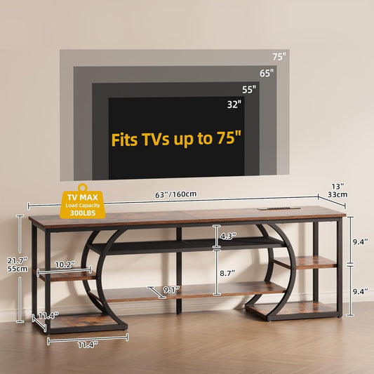 TV Stands for Living Room, LED Entertainment Center with Storage, TV Stand for 70 Inch TV,TV Console Cabinet with Power Outlets, Rustic Brown