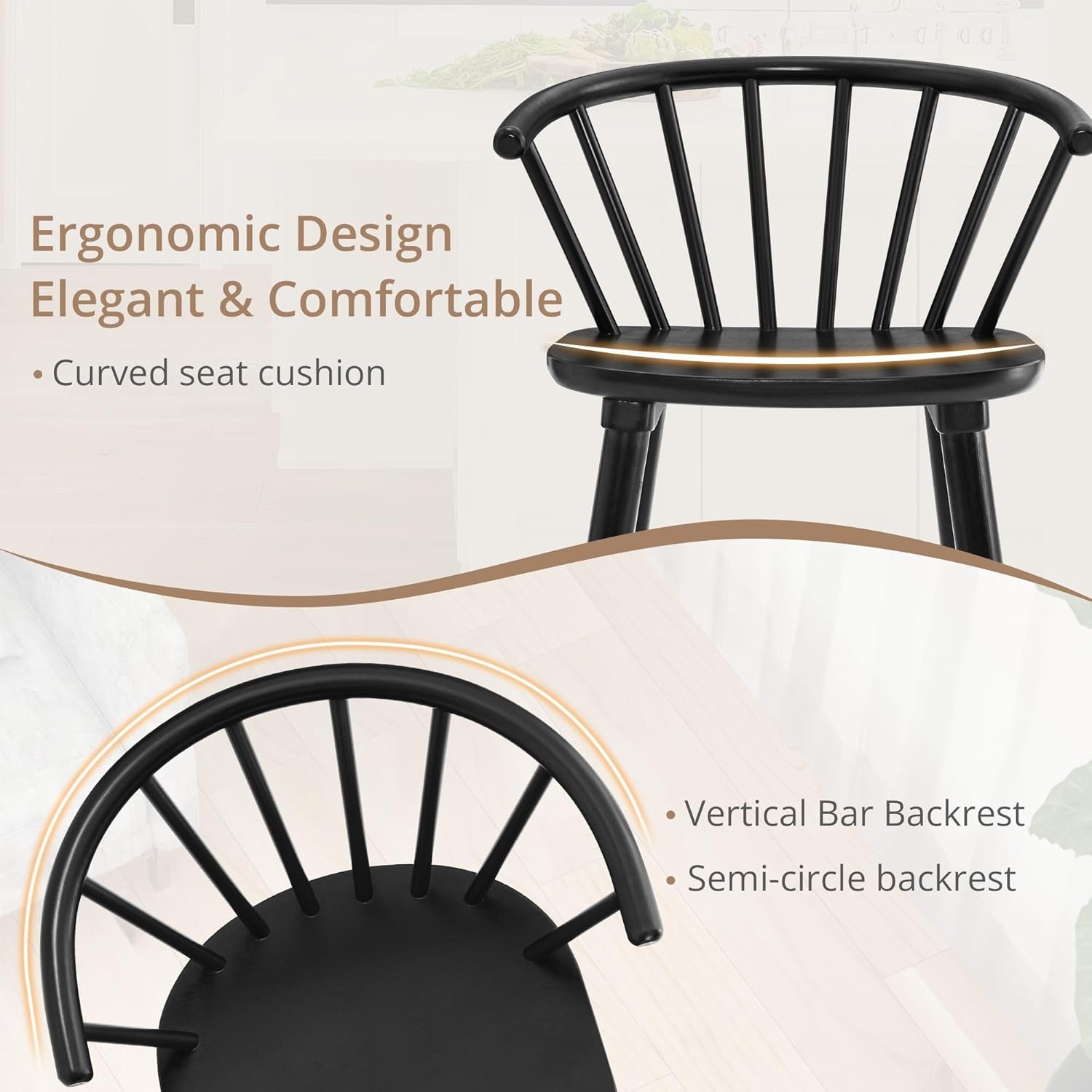 Black Dining Chairs Set of 4, Farmhouse Wood Dining Chairs with Semicircular Backrest, Spindle Dining Chair for Kitchen and Dining Room, 18 Inch
