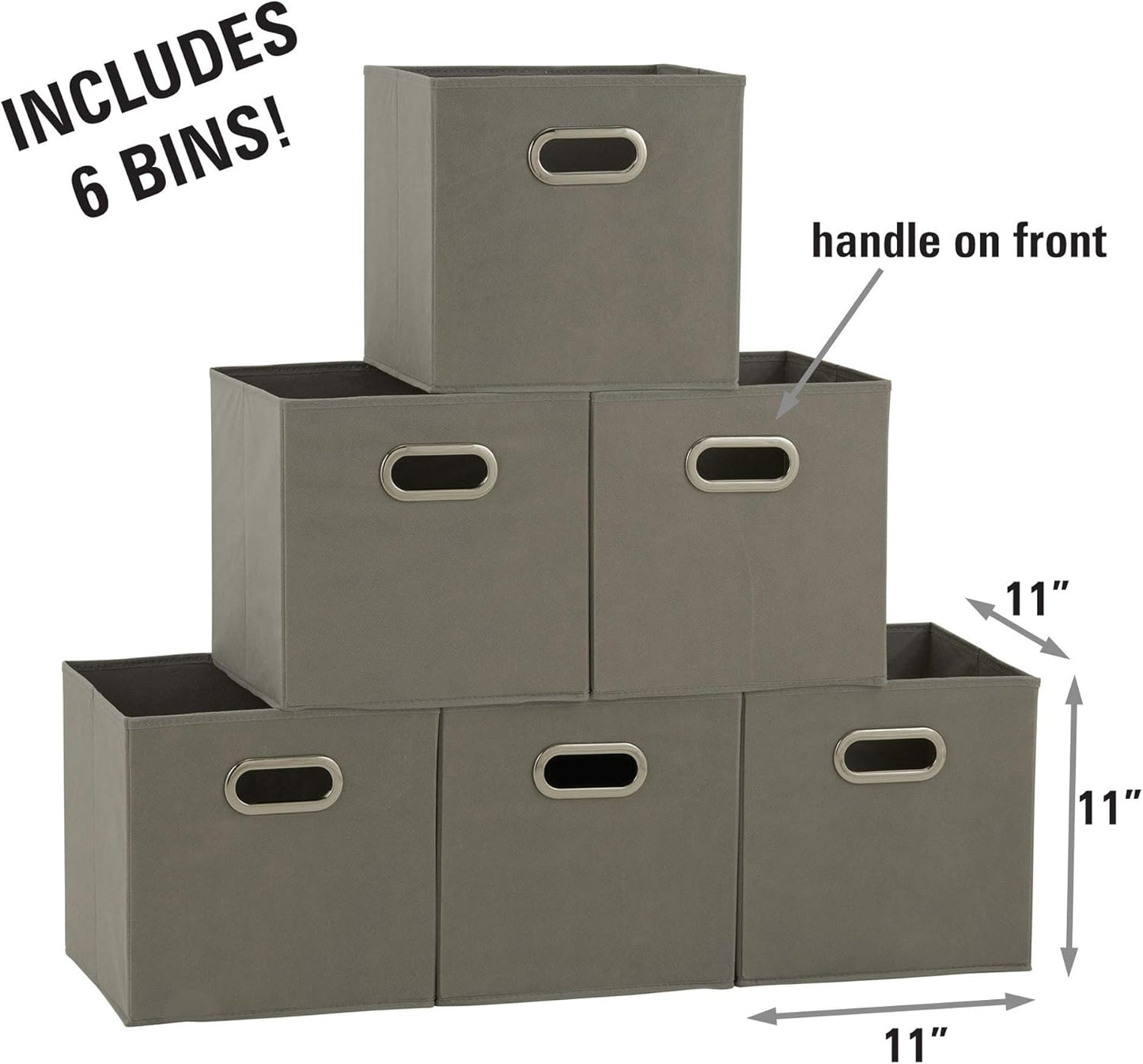 Fabric Storage Bins 6 Piece Set, Strong Poly-Woven Fabric, Sturdy Chipboard Sides, Grommet Front Handle, Stackable and Foldable, Classic Design, Dove Gray