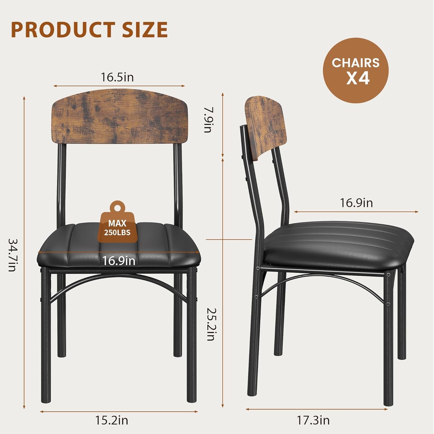 Dining Chairs Set of 4 - Upholstered Dining Room Chairs with PU Leather, Industrial Kitchen Chairs with Wooden Backrest and Thickened Metal Legs, for Dining Room, Living Room (Vintage)