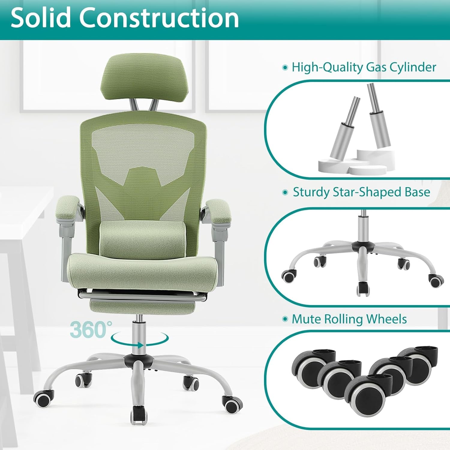 Office Desk Chair with Footrest Ergonomic Gaming Chair for Adults Computer Mesh, Lumbar Support,Swivel Reclining with Headrest, Comfy Armrest for Home, Office, Work, Study, Light Green