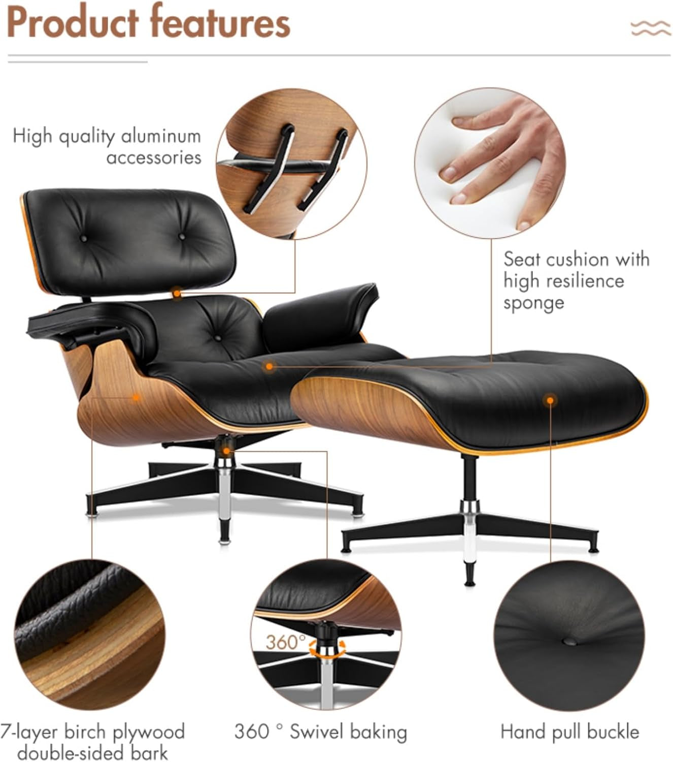Mid Century Chaise Lounge Chair with Ottoman, Top Black Grain Leather, Modern Office Chair Classic Design, Heavy Duty Base Support for Living Room Lounge Office