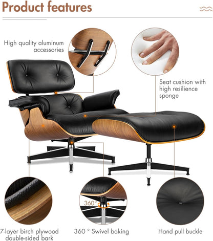 Mid Century Chaise Lounge Chair with Ottoman, Top Black Grain Leather, Modern Office Chair Classic Design, Heavy Duty Base Support for Living Room Lounge Office