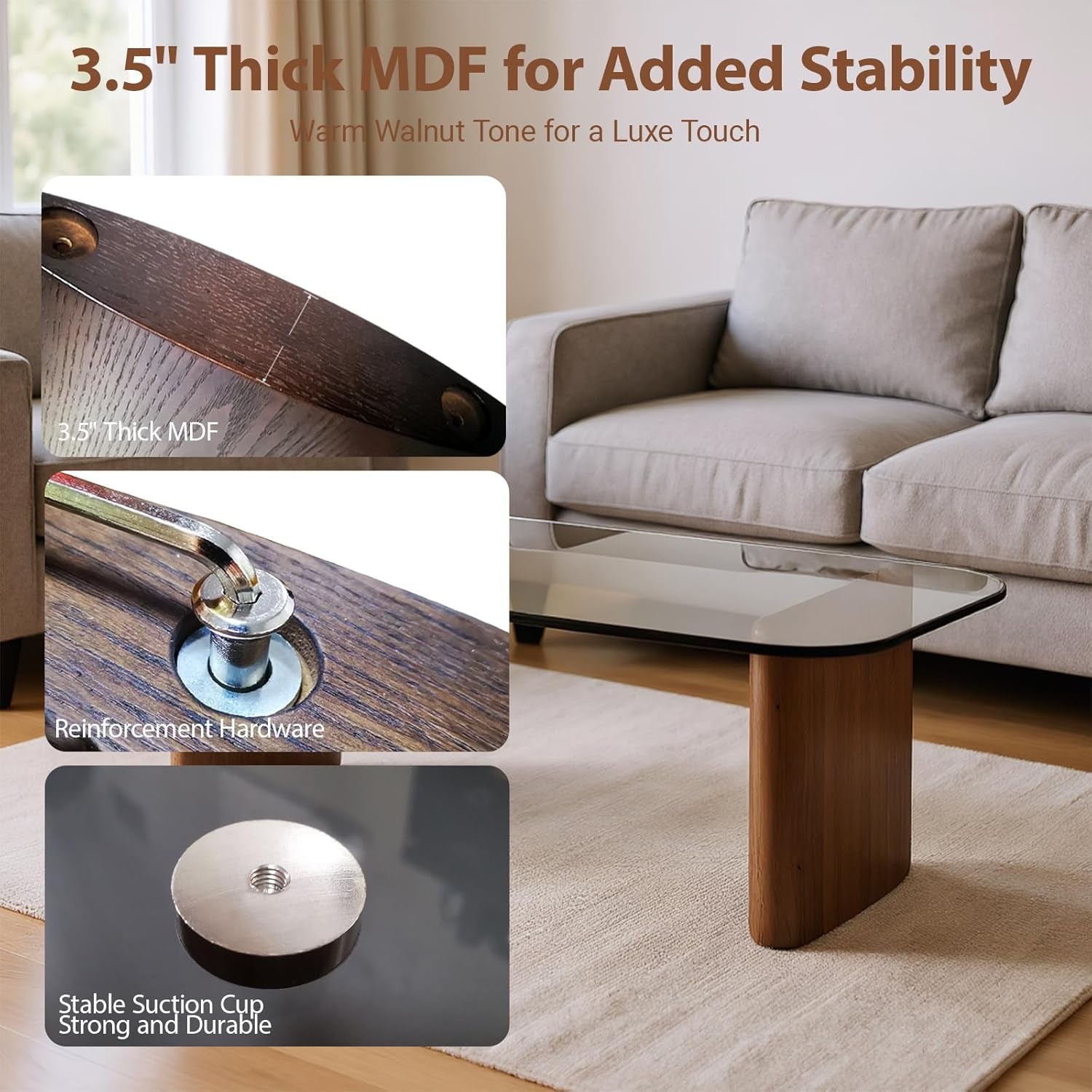 Modern Glass Coffee Table, Coffee Table for Living Room,Tempered Glass-Top with Sturdy Wooden Base, Modern Coffee Tables for Small Space, Apartment, Office, Minimalist Design (Walnut)