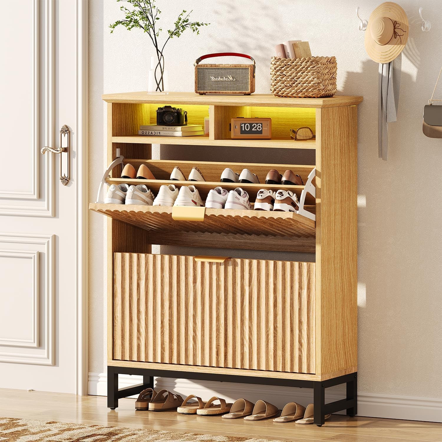 Fluted Shoe Storage Cabinet with 2 Flip Drawers, 31.5" Narrow Shoe Organizer Cabinet with LED Light, Slim Freestanding Shoe Rack Cabinet, Wooden Hidden Shoe Cabinet for Entryway, Hallway(Natural Oak)