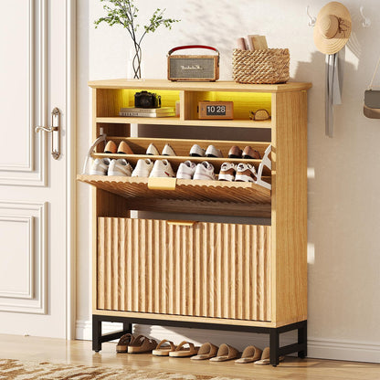 Fluted Shoe Storage Cabinet with 2 Flip Drawers, 31.5" Narrow Shoe Organizer Cabinet with LED Light, Slim Freestanding Shoe Rack Cabinet, Wooden Hidden Shoe Cabinet for Entryway, Hallway(Natural Oak)