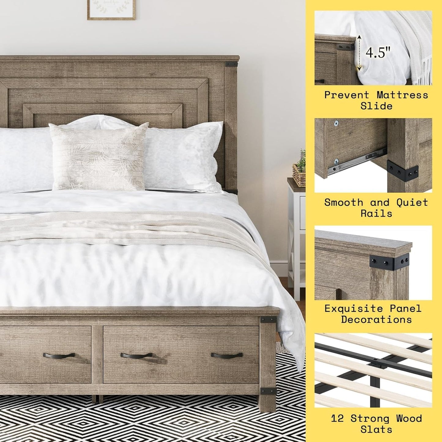 Farmhouse Queen Bed Frame with 54" Tall Geometric Headboard & Footboard, Rustic Wood Platform Bed Frame with Large Storage Drawers, Wood Slats Support, No Box Spring Needed, Rustic Gray