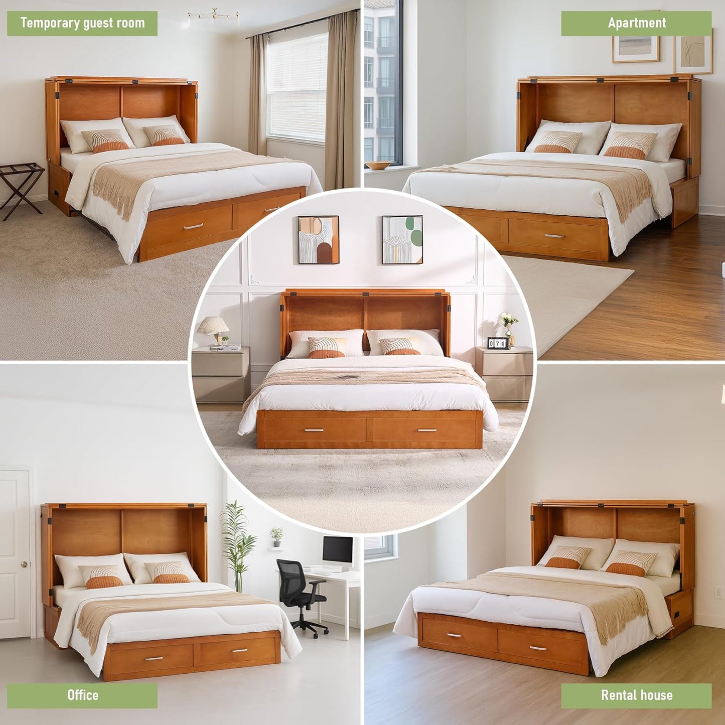 Queen Murphy Bed with Mattress Included, Murphy Bed Cabinet with Drawers and Charging Station for Small Spaces, Home Offices (Circular Pattern, Cherry)