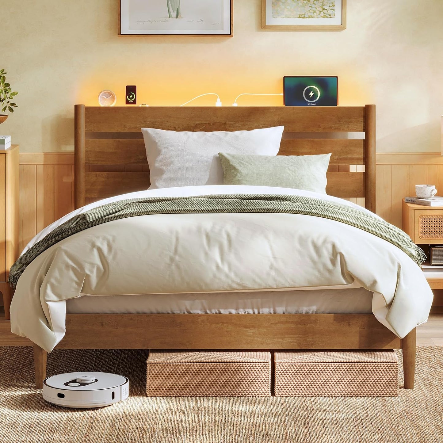 HOME King Bed Frame with Solid Wood Legs Slats, Platform Bed with Headboard, LED Lights, Charging Station, Mid-Century Modern Style, No Box Spring Needed, Coffee Brown URMB414K02
