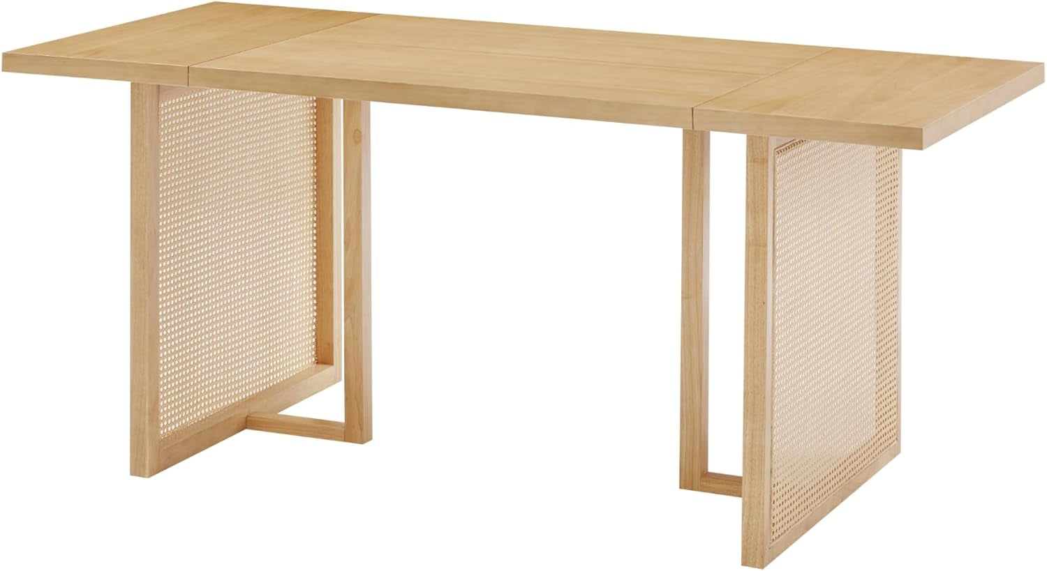 Willow Boho Dining Table for 6 with Solid Wood Legs, 6-Person Natural Wood Dining Table, Warm Pine or Brown with Bohemian Rattan Accent