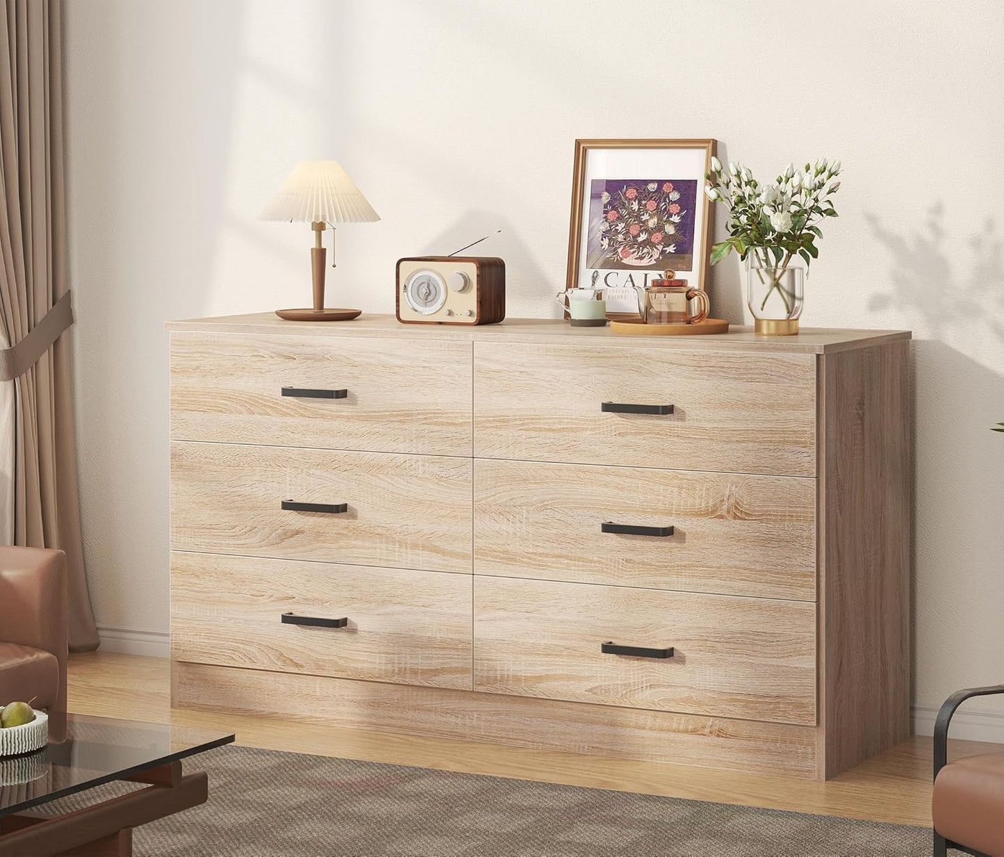 Dresser for Bedroom, 6 Drawer Double Dresser, Modern Chest of Drawers with Deep Drawers, TV Stand Large Storage Organizer for Living Room, Closet (Light Oak)