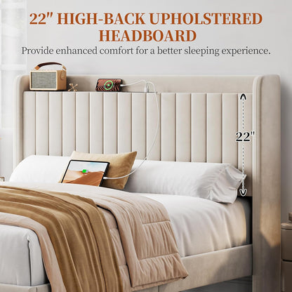 Queen Bed Frame with USB Charging Station and Storage Shelf/Upholstered Headboard Platform Bed with Wing Side/Wooden Slats Support/Noise Free/No Box Spring Needed/Easy Assembly, Beige
