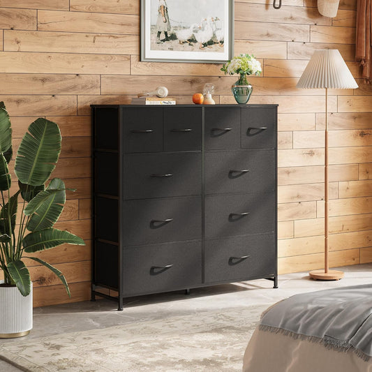 Dresser for Bedroom with 10 Fabric Drawers, Tall Chest Organizer Units for Clothing, Closet, Storage Tower with Cabinet, Metal Frame, Wooden Top, Black Dresser for Living Room