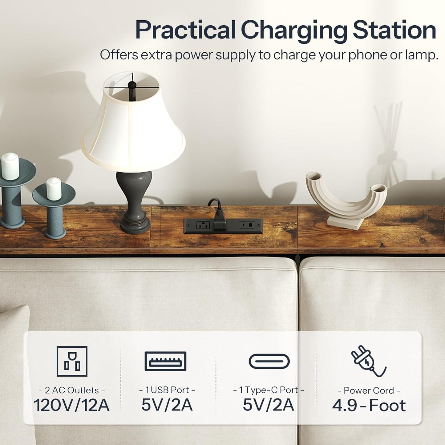 39.4 Inch Narrow Console Table with Power Outlets, 5.9 Inch Skinny Sofa Table behind Couch, Small Entryway Table, Metal Frame, for Living Room, Hallway, Rustic Brown and Black BF52UXG01