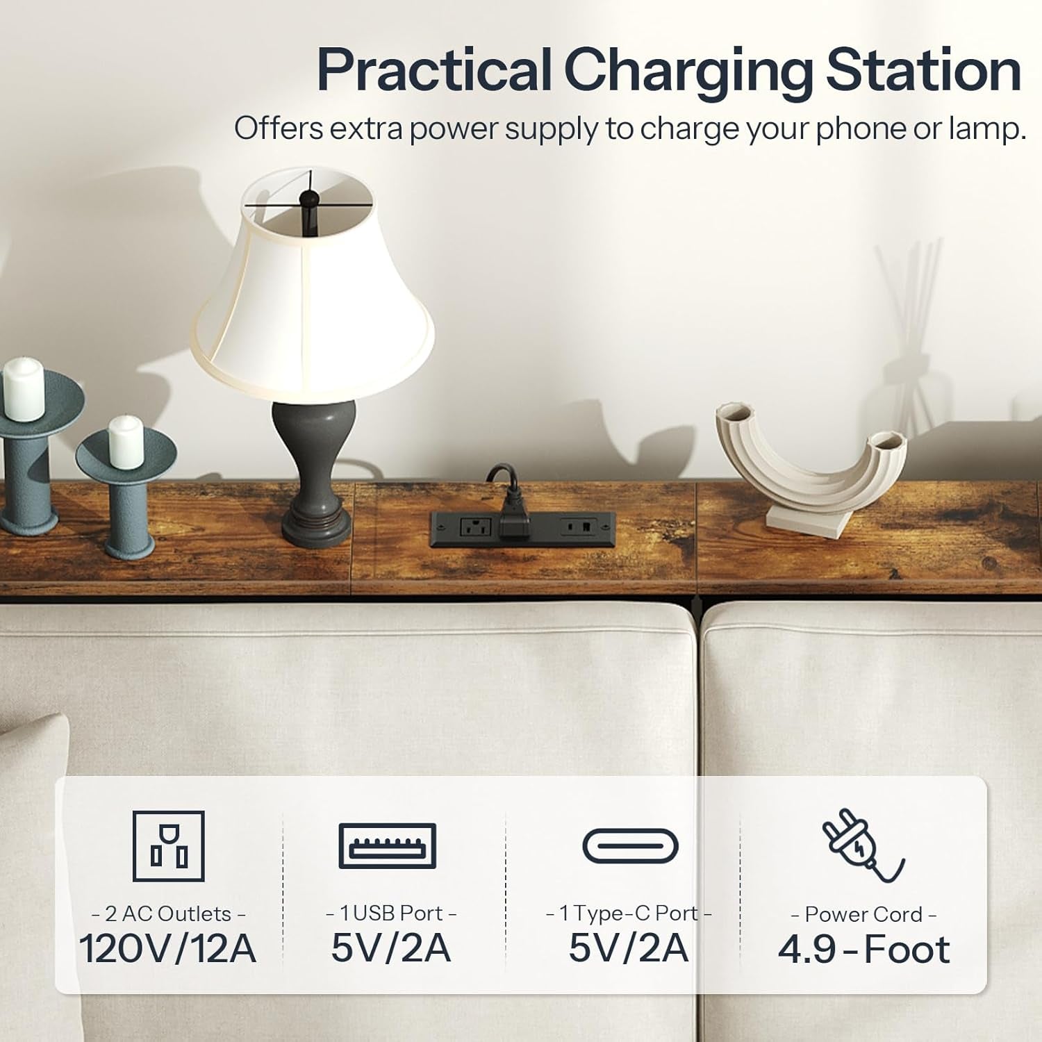 39.4 Inch Narrow Console Table with Power Outlets, 5.9 Inch Skinny Sofa Table behind Couch, Small Entryway Table, Metal Frame, for Living Room, Hallway, Rustic Brown and Black BF52UXG01