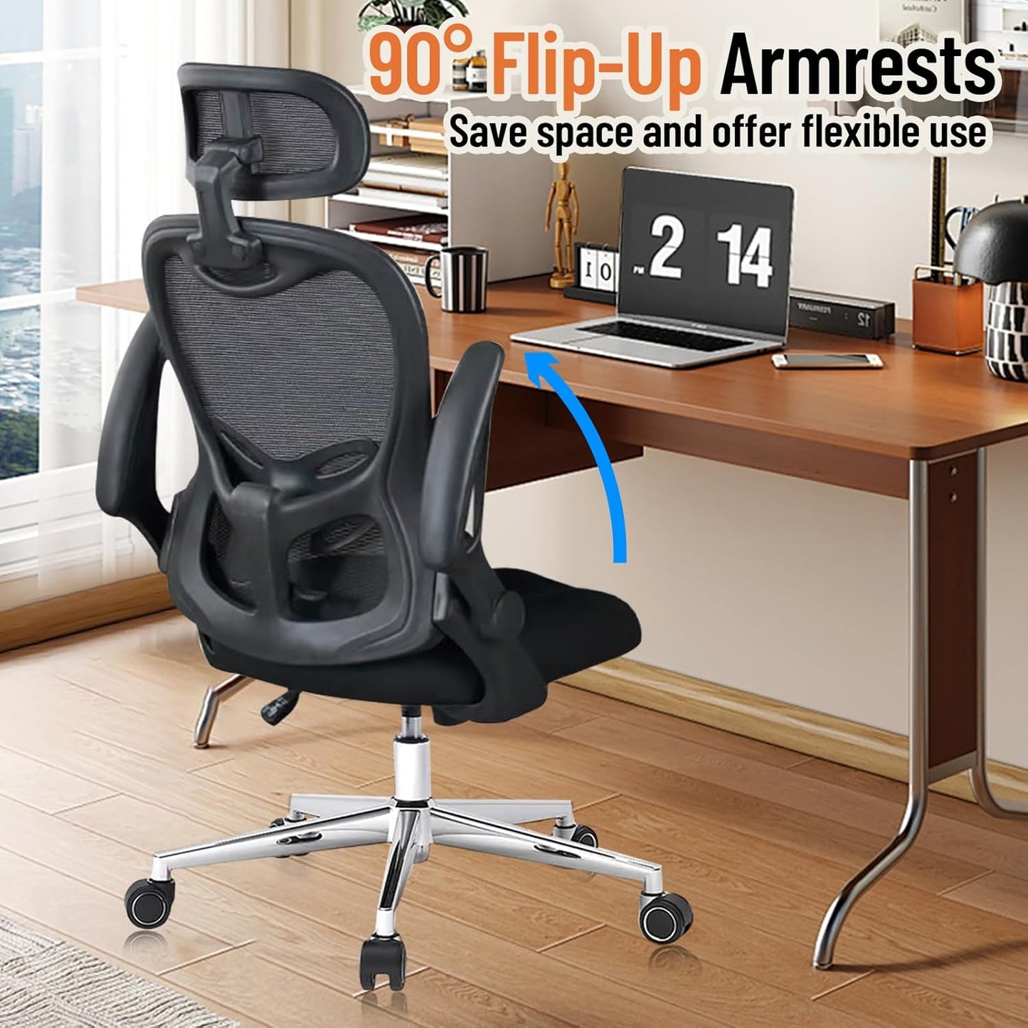 Office Chair, Ergonomic Breathable Mesh,Flip-Up Arms and Adjustable High Back Lumbar Support,Comfy Computer Chair for Home Office (Black, 407)