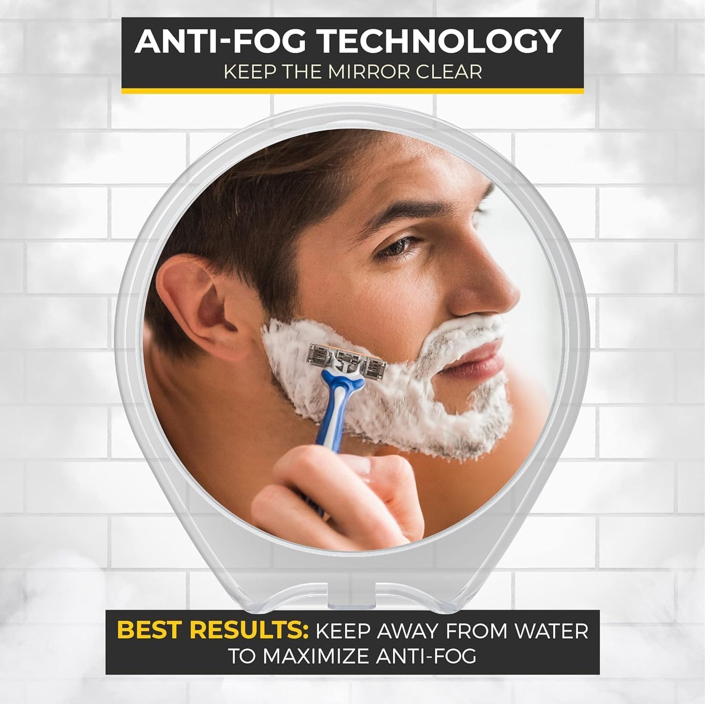 Fogless Shower Mirror with Suction Mount & Swivel – Anti-Fog Acrylic Bathroom Mirror for Shaving – Built-In Razor Holder, Easy Install, Home Shower Accessory (White)