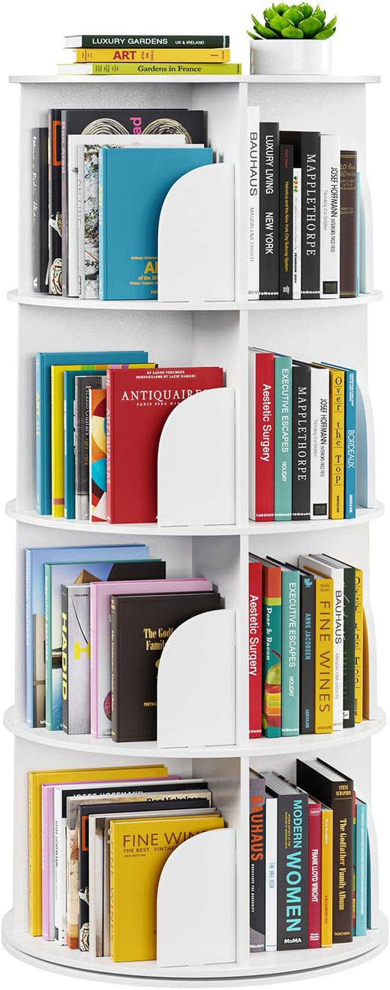 4 Tier Rotating Bookshelf Tower, Spinning Bookcase Lazy Susan, Revolving 360 Book Shelf Storage round Carousel, Vertical Rotate Turning Spiral Corner Organizer, White