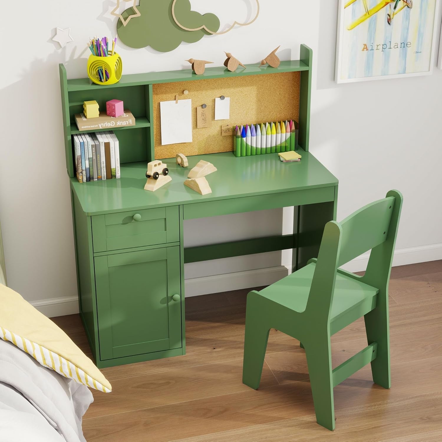 Kids Study Desk with Chair, Children Wooden Study Table with Hutch & Storage Cabinet, Kids Desk Chair Set for 5-12 Years Old, Student Writing Table Computer Workstation for Boys, Green