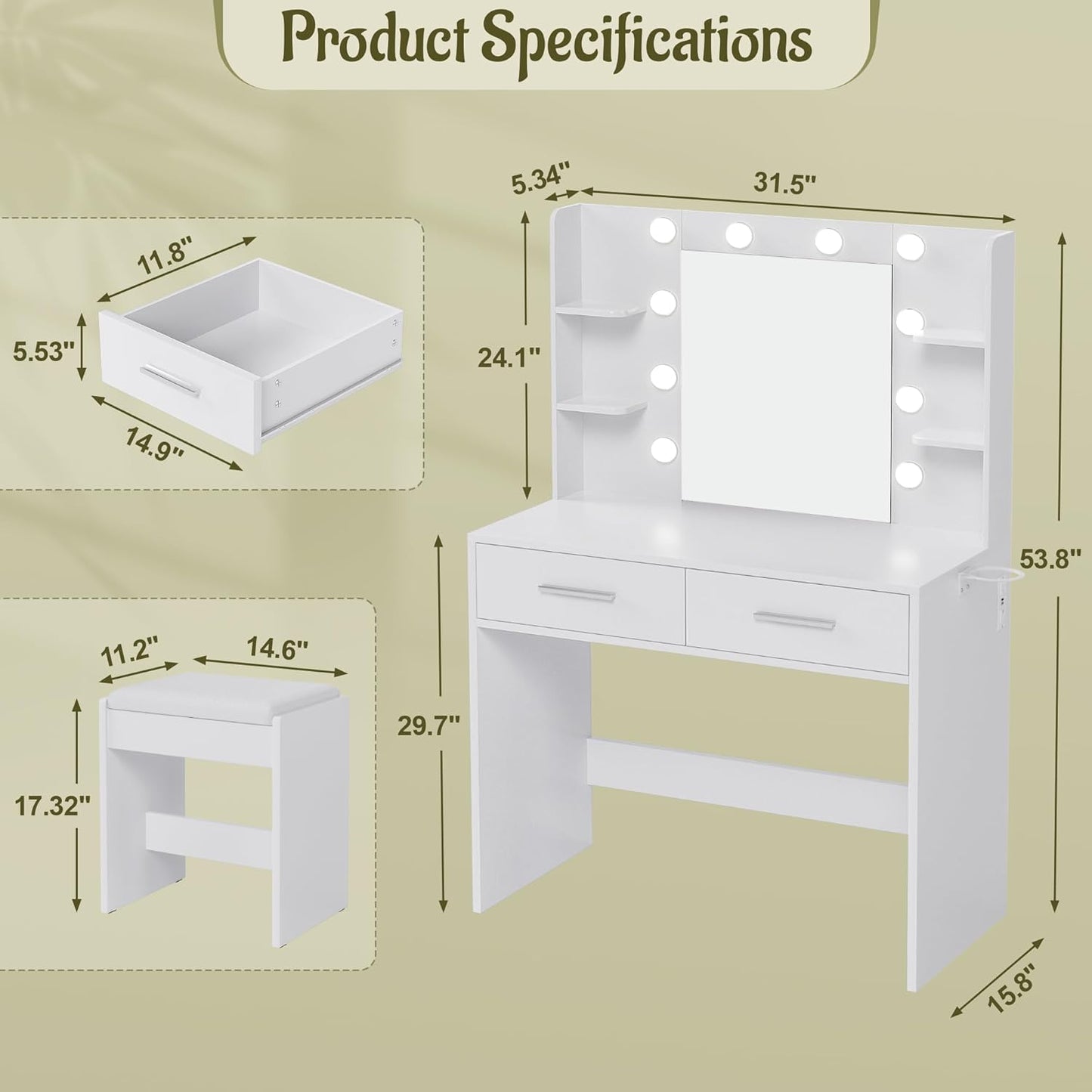 Vanity Desk with Mirror, Makeup Table with 2 Large Drawers, Power Outlet and round Holder, 3 Color Modes Adjustable Bulb, Bench Included, White