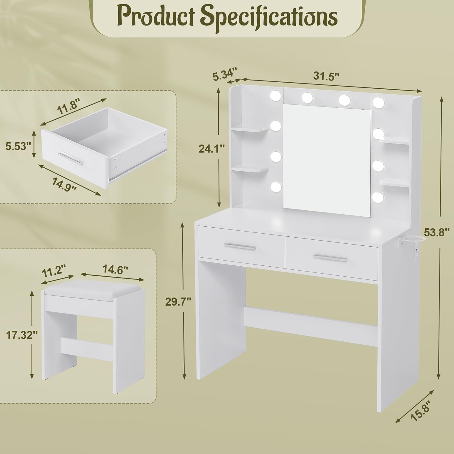 Vanity Desk with Mirror, Makeup Table with 2 Large Drawers, Power Outlet and round Holder, 3 Color Modes Adjustable Bulb, Bench Included, White