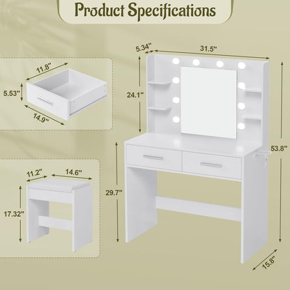 Vanity Desk with Mirror, Makeup Table with 2 Large Drawers, Power Outlet and round Holder, 3 Color Modes Adjustable Bulb, Bench Included, White