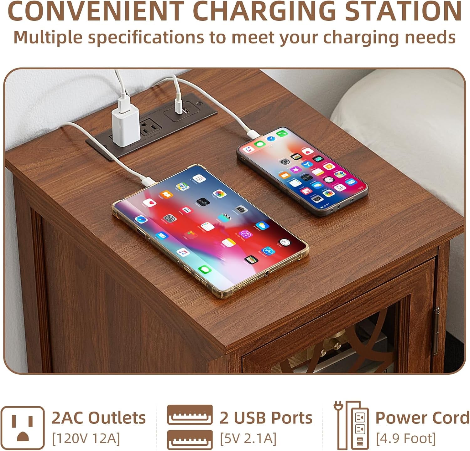 Narrow Side Table with Charging Station Set of 2, Night Stand with Glass Door,Bedside End Tables with Adjustable Shelf Storage Cabinet,Wood Nightstand for Small Spaces Living Room Bedroom