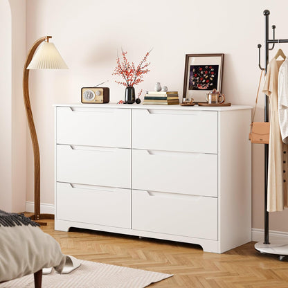 6 Drawer Double Dresser for Bedroom with Anti-Tip Design, Modern Wide Wooden Chest of Drawers with Cut-Out Handles, Closet Storage Organizer and TV Stand for Living Room, Hallway, Entryway