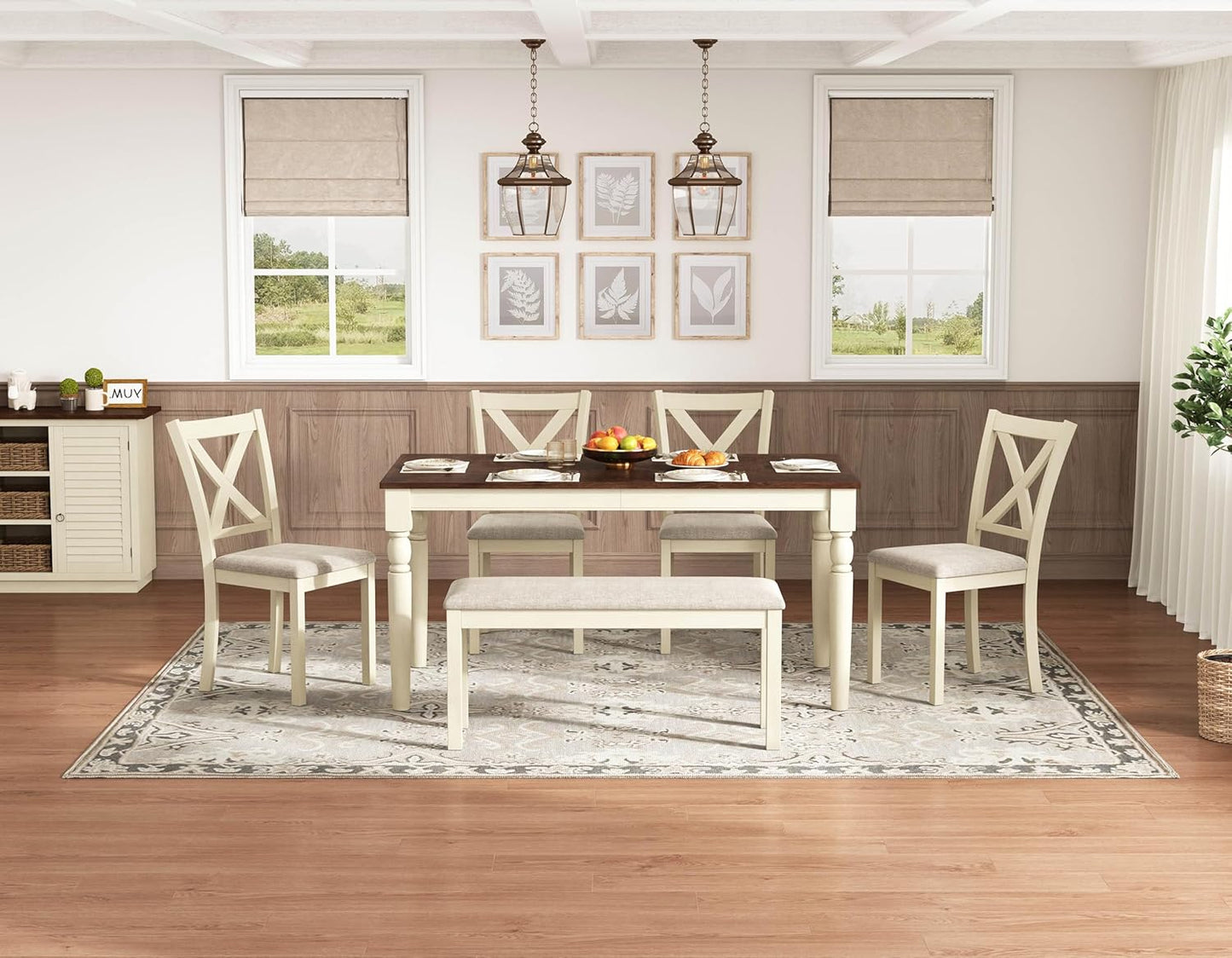 6-Piece Farmhouse Dining Table Set, 71” Solid Wood Table, 4 Upholstered Chairs and Bench, Rustic White and Walnut Finish, Seating for 6, for Kitchen or Dining Room