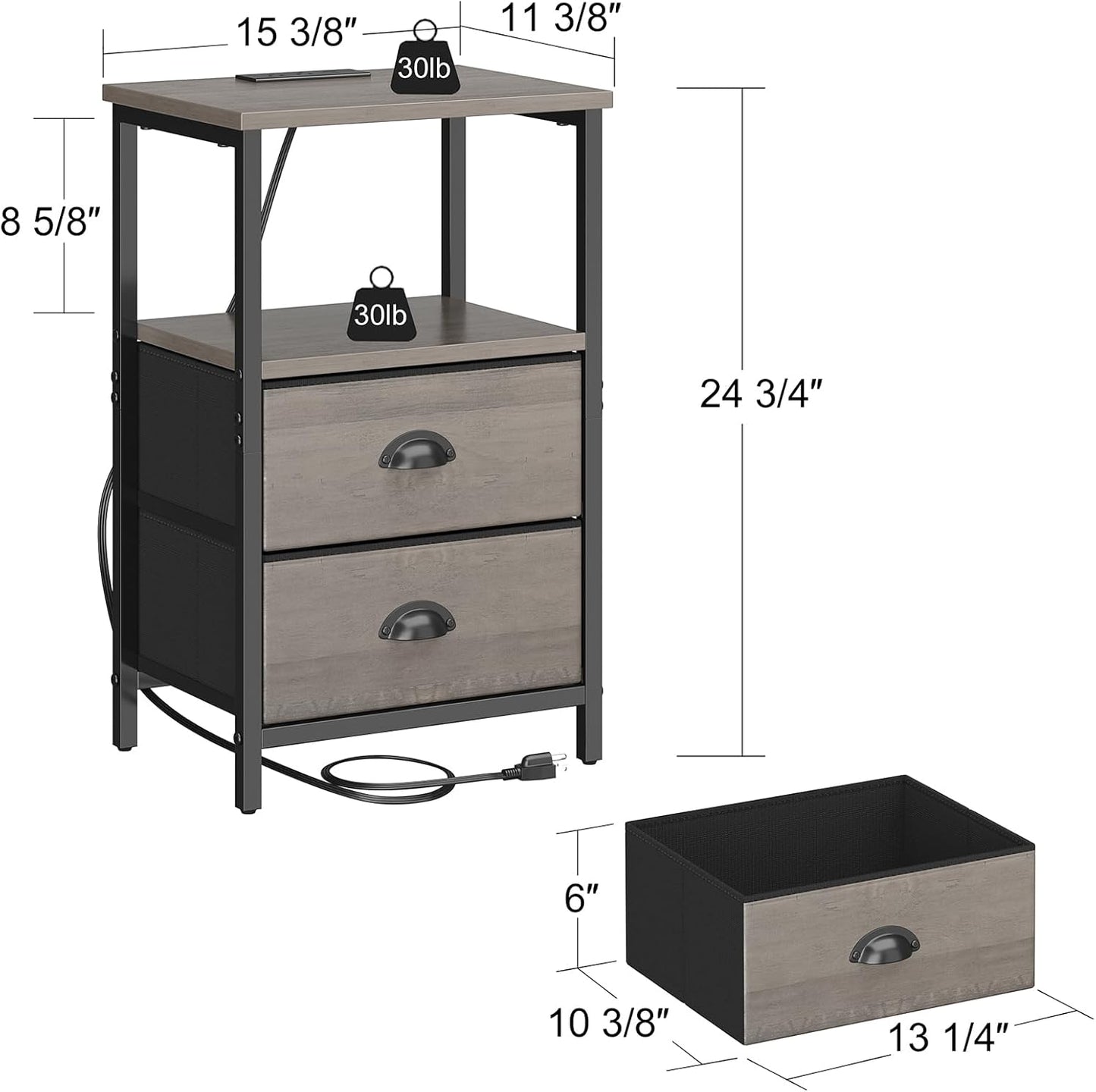 Nightstand with Charging Station, LED Night Stand Set of 2, Bedside Table End Table with Drawer, Bedroom Tables with 2 Fabric Drawers, 3-Tier Storage Side Table for Bedroom,Grey