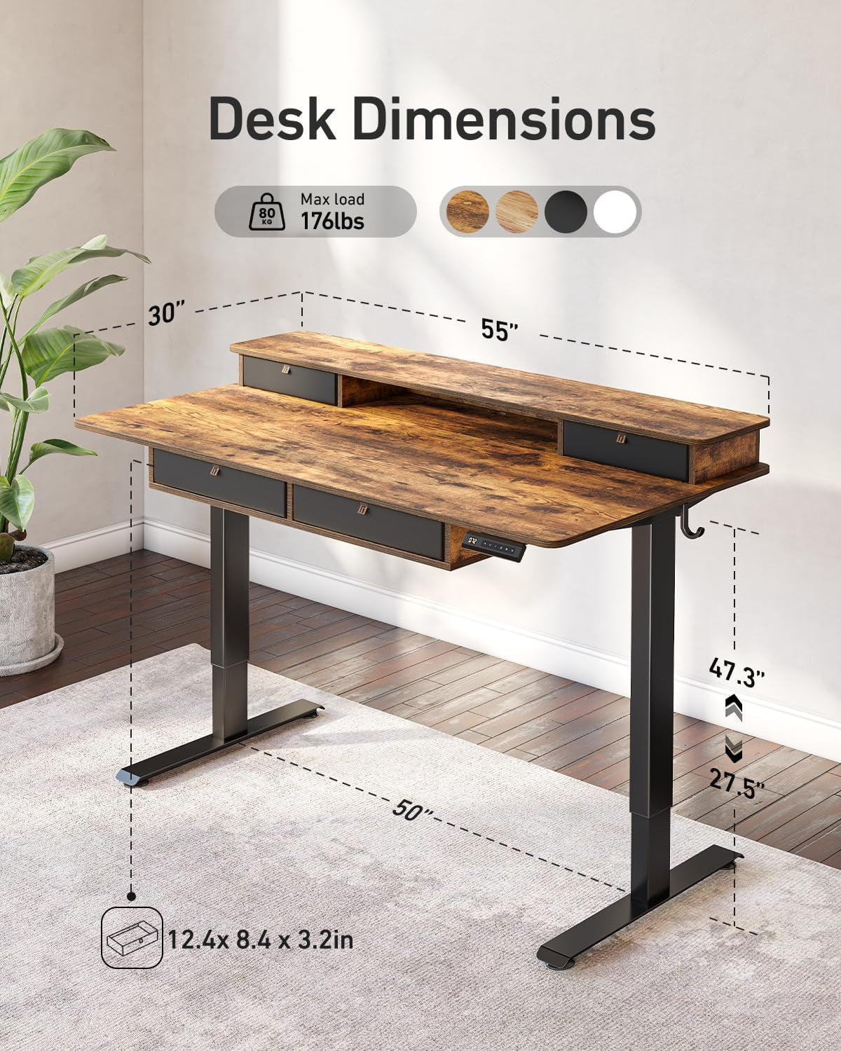 55" X 30" Standing Desk with Drawers, Height Adjustable Electric Workstation, Computer Sit Stand up Table with Large Storage Shelf 4 Drawers and 2 Hooks, Rustic Brown