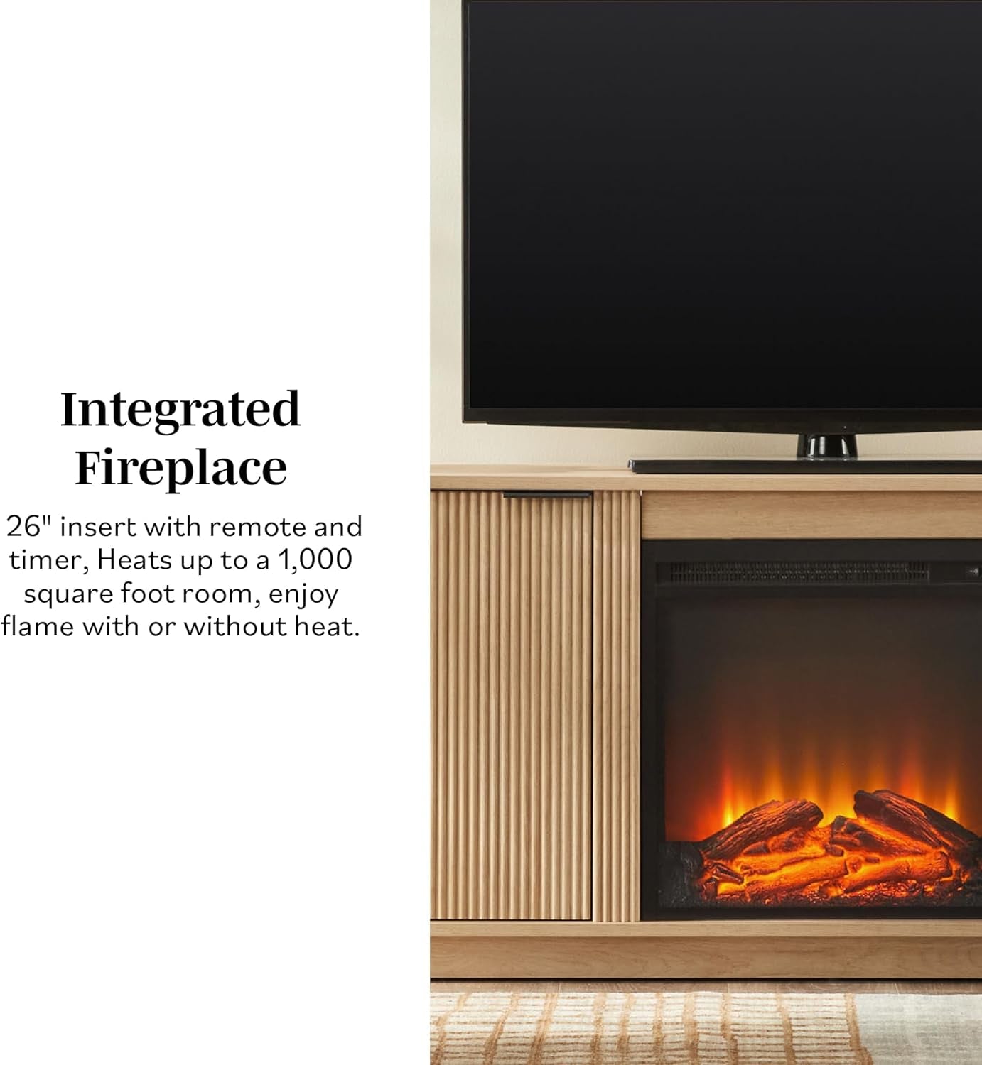 Chloe Reeded TV Stand with Fireplace Insert, 75 Inch, 70 Inch, Coastal Oak