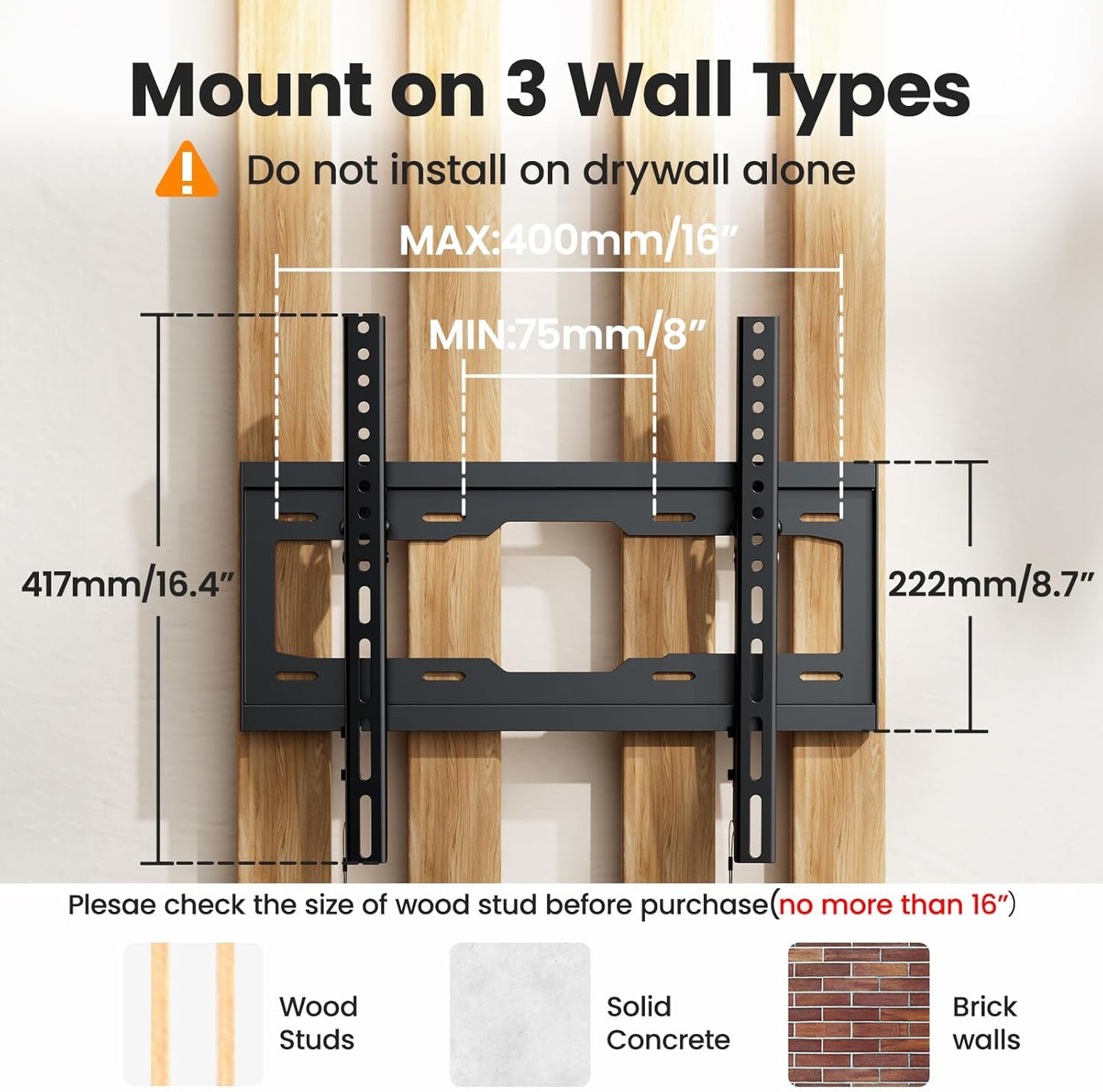 40 50 55 Inch Low Profile TV Wall Mount for 24-65 Inch LED/LCD & Flat/Curved Tvs, Universal Wall Mount Bracket with Safe Lock, Max VESA 400X400Mm, up to 99Lbs & 16 '' Stud