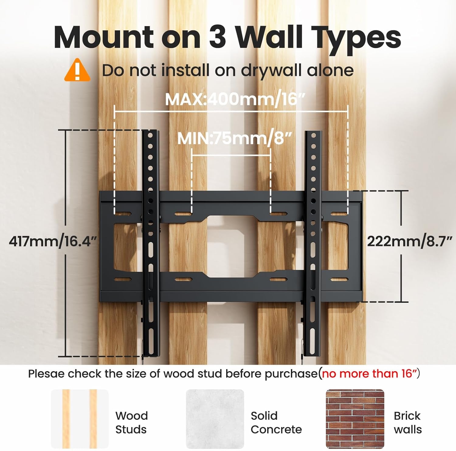 40 50 55 Inch Low Profile TV Wall Mount for 24-65 Inch LED/LCD & Flat/Curved Tvs, Universal Wall Mount Bracket with Safe Lock, Max VESA 400X400Mm, up to 99Lbs & 16 '' Stud