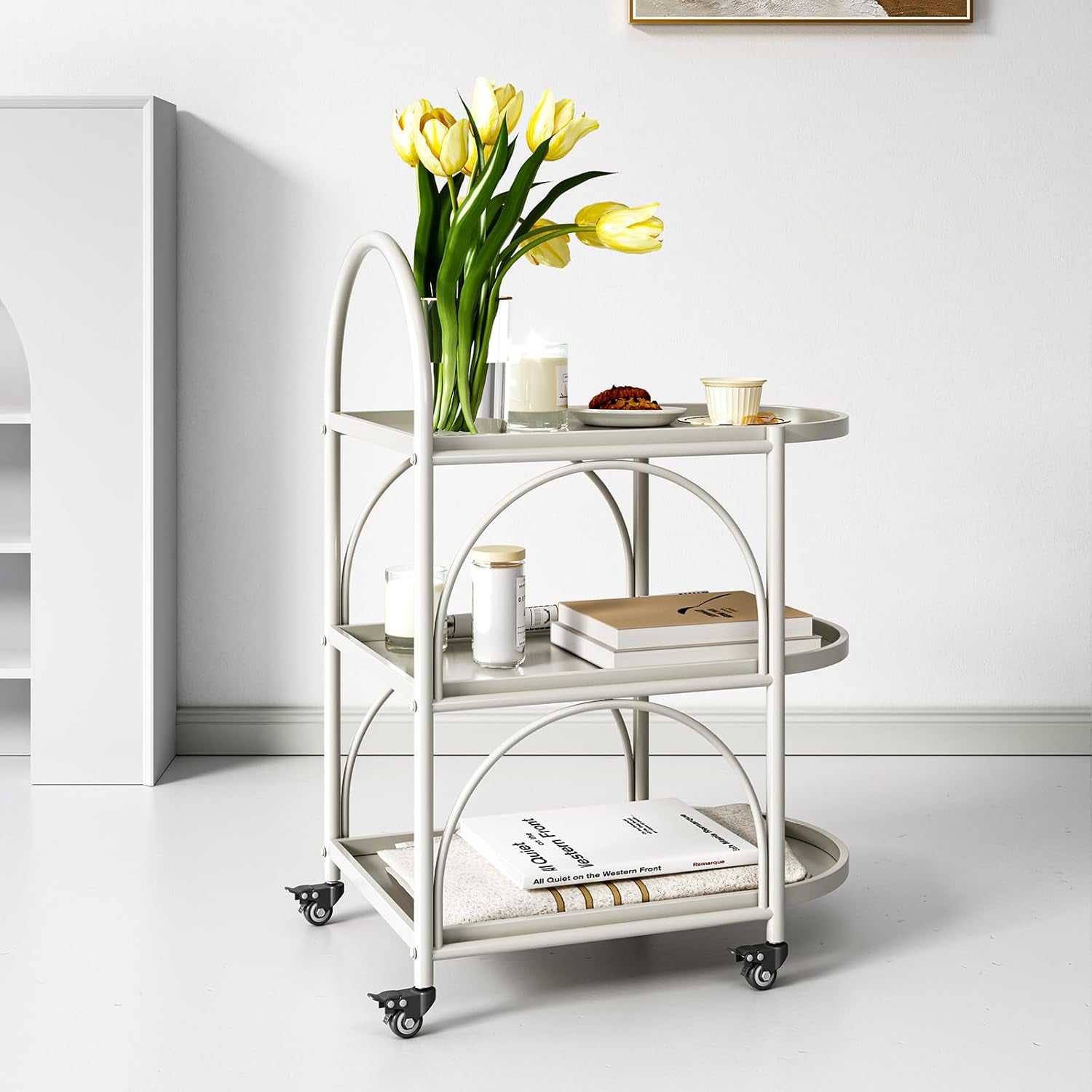 Bar Cart,Metal Serving Cart for the Home,Small Coffee Cart,Drink Cart,Beverage Cart with Lockable Wheels,Mobile Rolling Cart for Kitchen Living Room (White)