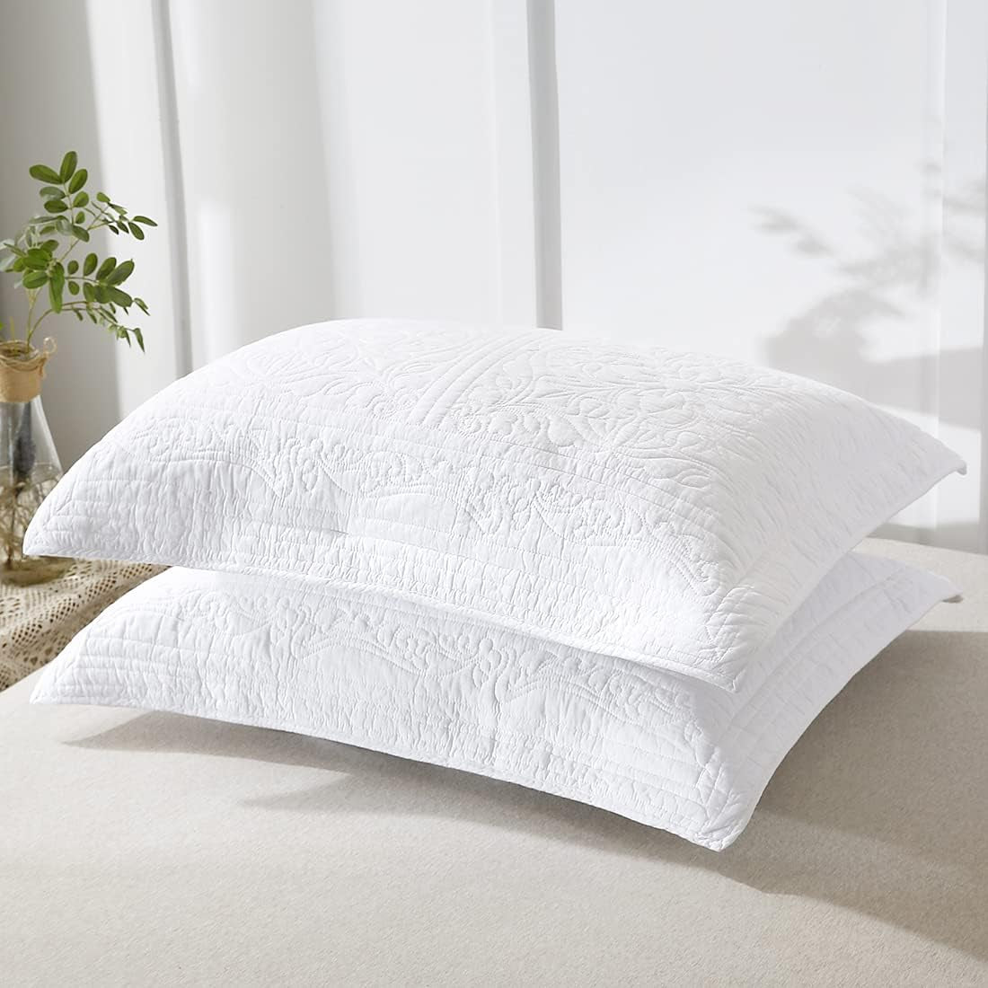 100% Cotton Quilted Pillow Sham Floral Printed Pillow Cover King Size, Set of 2, White