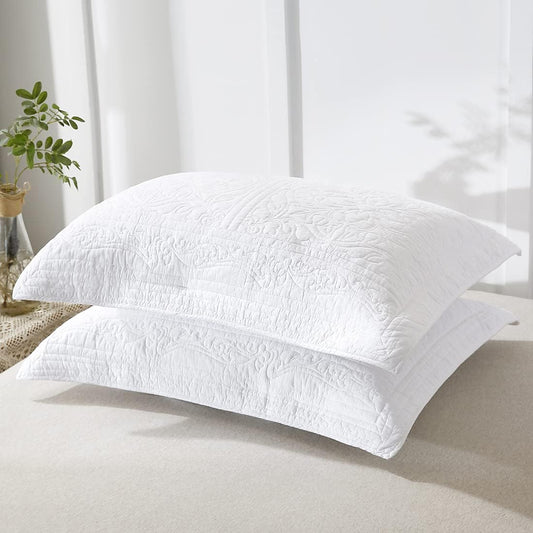 100% Cotton Quilted Pillow Sham Floral Printed Pillow Cover King Size, Set of 2, White