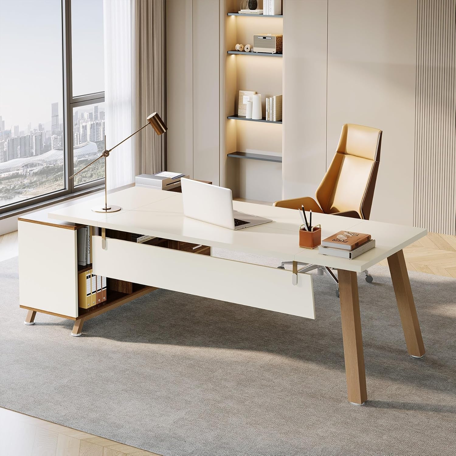 78.7" L-Shaped Executive Desk, Modern Office Desk with File Drawers & Storage Shelves, Large Computer Desk with 55-Inch Cabinet, Business Workstation for Home Office, Beige & Walnut