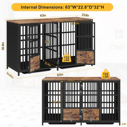 42 Inch Extra Large Dog Crate Furniture with Removable Trays, 3 Doors, 4 Wheels & 5 Locks - for Medium and Large Dogs