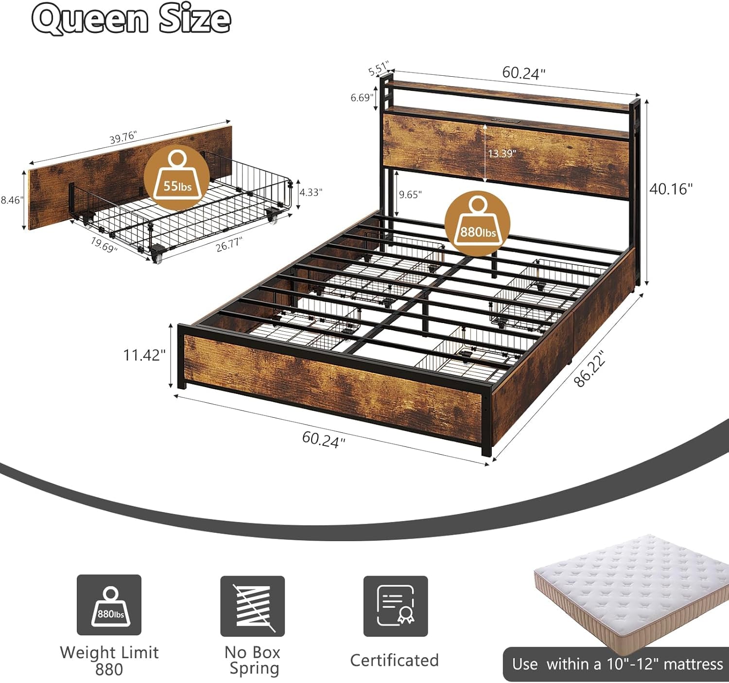 Queen Bed Frame with 4 Storage Drawers and Headboard, Metal Platform Panel Bed with Charging Station and RGB LED Lights, No Box Spring Needed, Noise Free, Easy Assembly, Vintage Brown