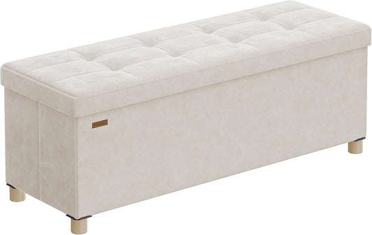 Storage Ottoman Bench, Folding Storage Chest, 15 X 43.3 X 15.7 Inches, Foot Rest Stool, 30 Gal. (112 L), Velvet Surface, for Bedroom, Entryway, Living Room, Cappuccino Beige ULSF0518W02