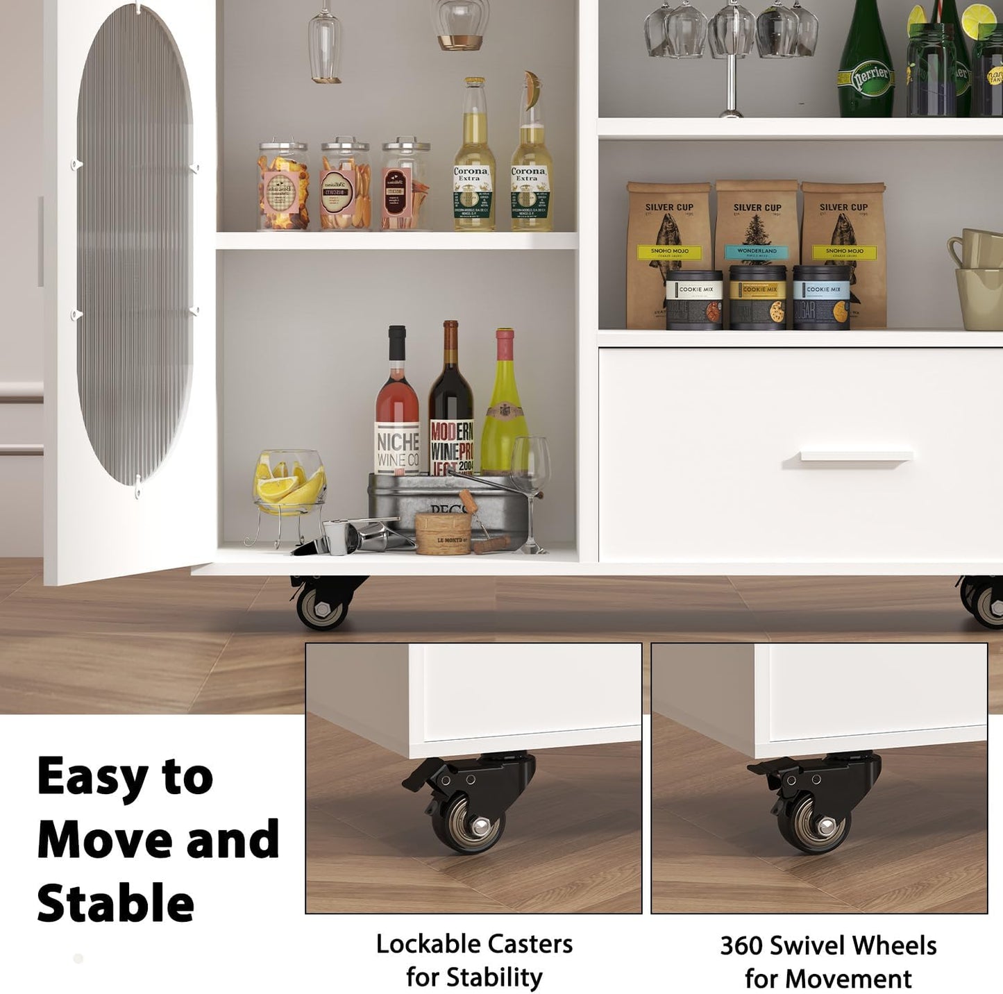 72.4” Rolling Kitchen Island with Swivel Table, Storage Cabinet, Drawers & Shelves, White Modern Mobile Island Cart on Wheels, Farmhouse Wood Island Table for Kitchen, Dining Room, Home Bar