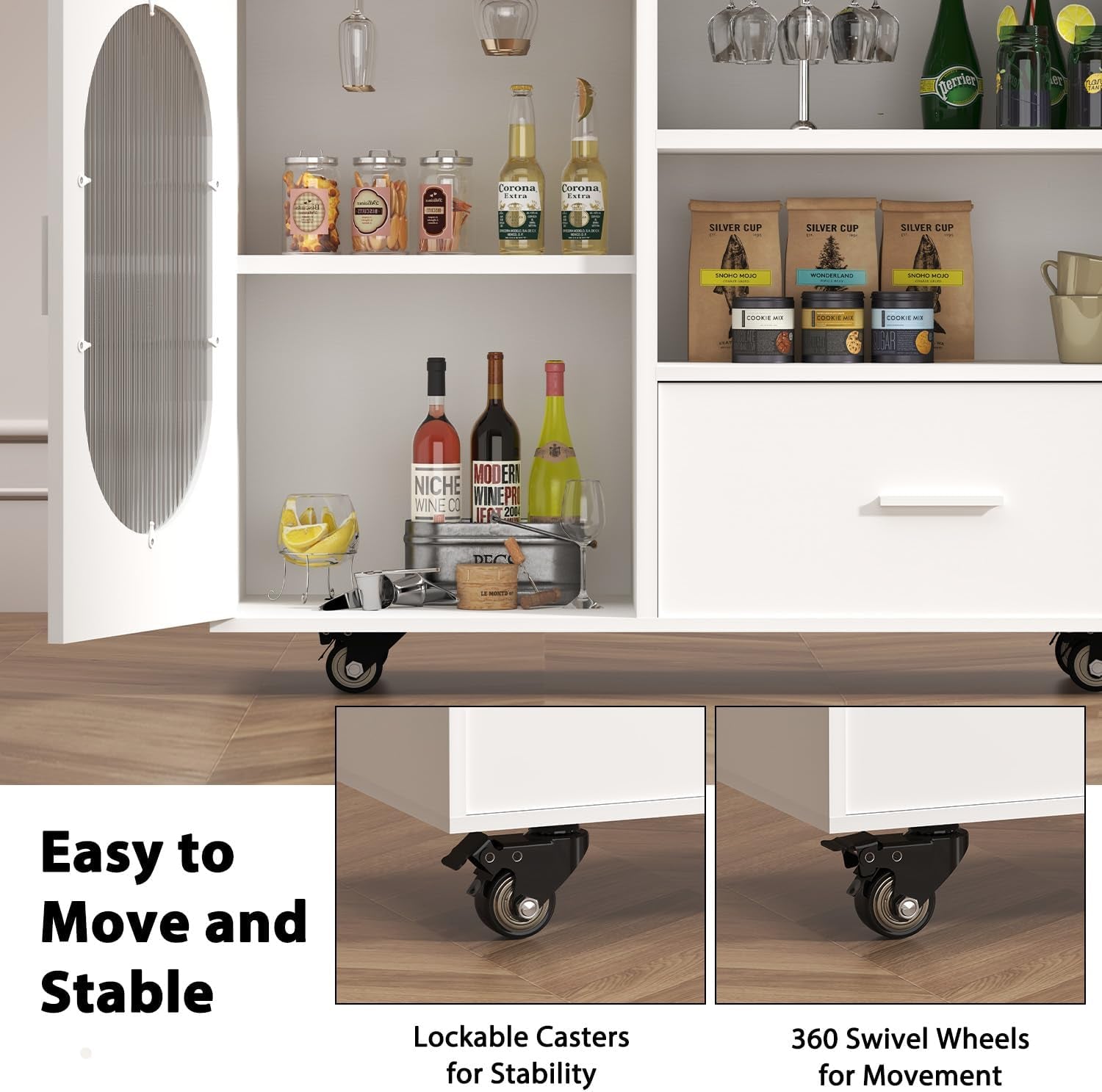 72.4” Rolling Kitchen Island with Swivel Table, Storage Cabinet, Drawers & Shelves, White Modern Mobile Island Cart on Wheels, Farmhouse Wood Island Table for Kitchen, Dining Room, Home Bar