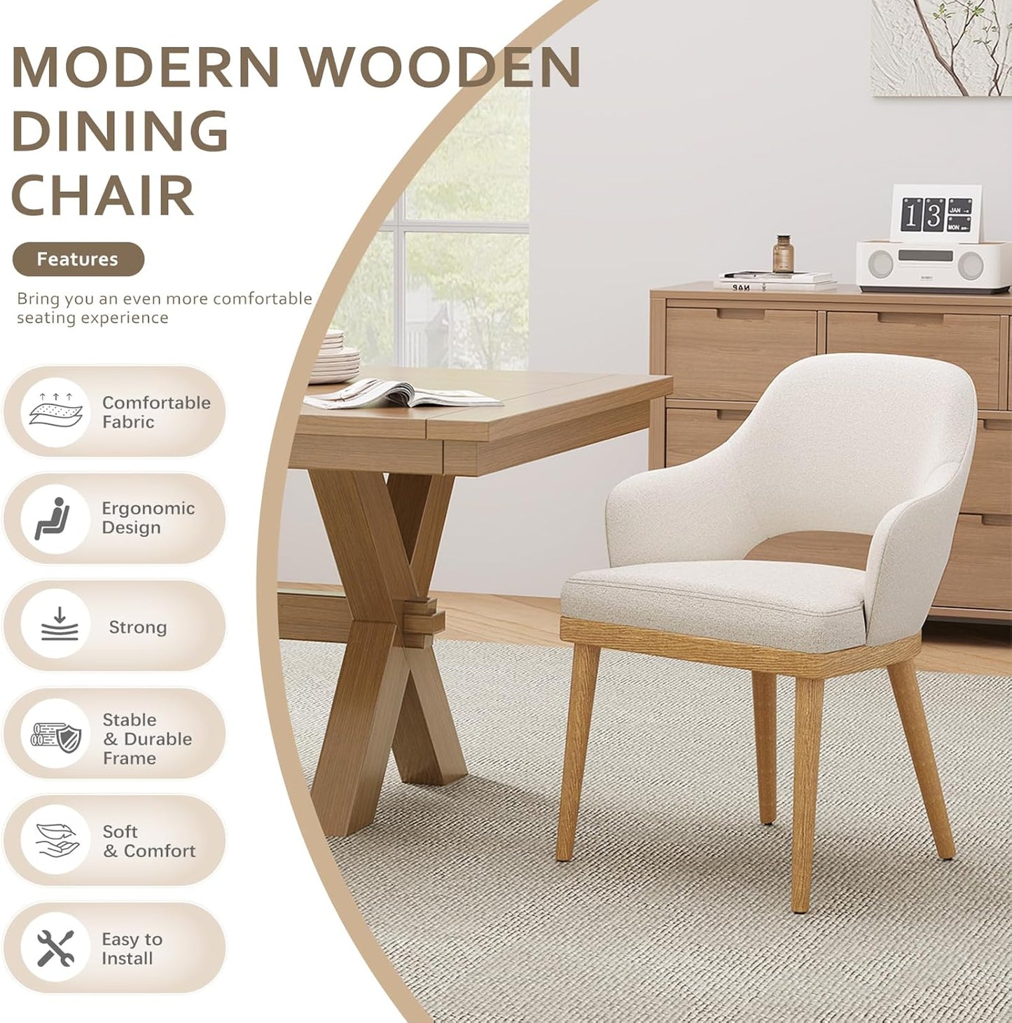 Wooden Dining Chairs Set of 4, Modern Fabric Upholstered Dining Room Chair, Kitchen Side Chairs, Farmhouse Dinner Chair with Open Back for Kitchen, Beige