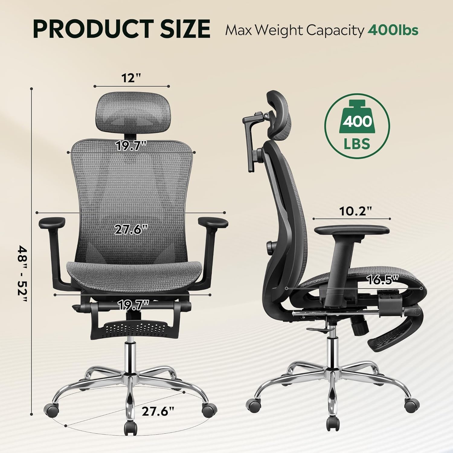 Ergonomic Mesh Office Desk Chair, Retractable Footrest and Adjustable Lumbar Support, Comfy High Back Reclining Computer Gaming Chair, Tilt Function, Heavy Duty, SGS Class 4 Gas Lift, Grey