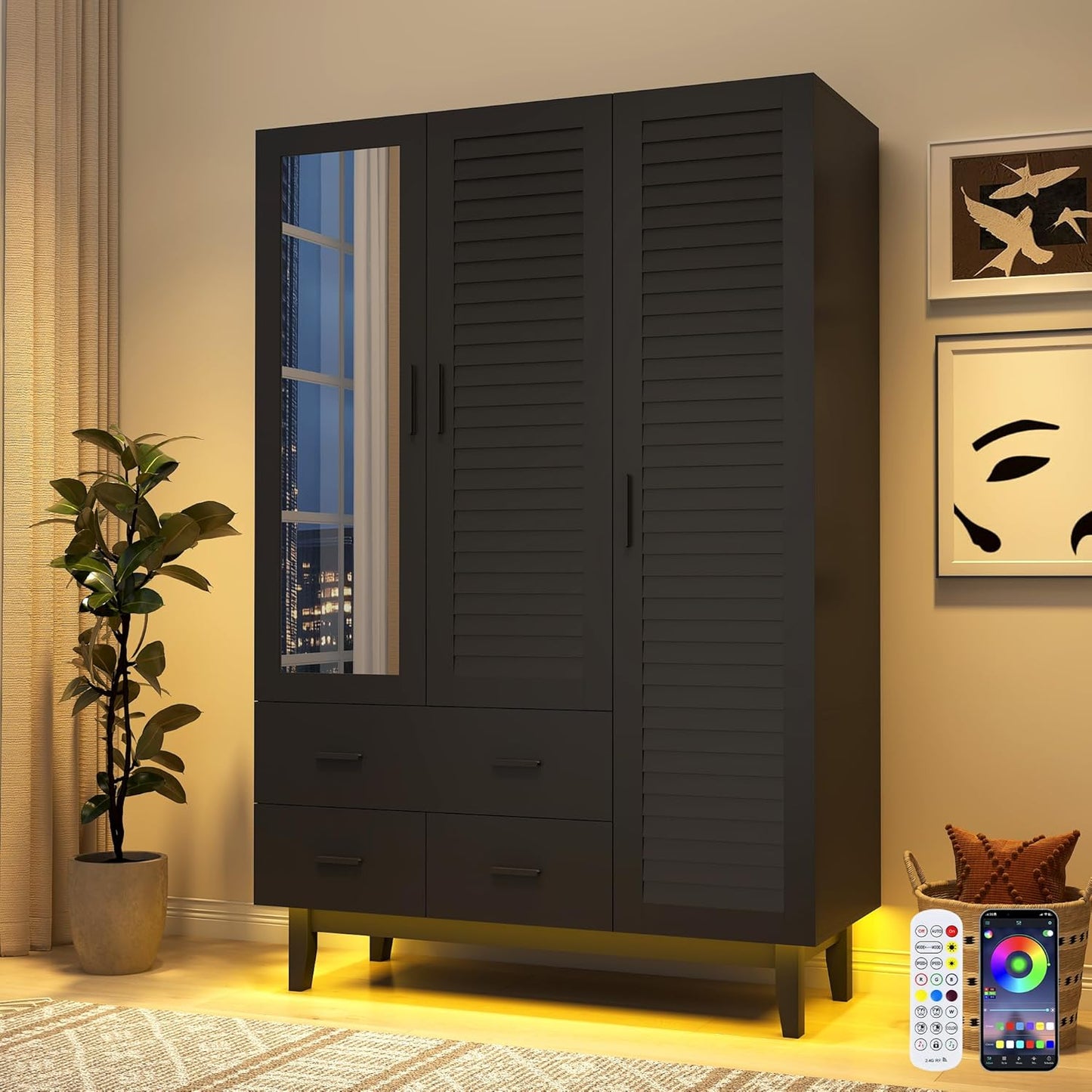 3 Door Armoire Wardrobe Closet Cabinet with Drawers and LED Lights, Multi-Tier Shelves, Hanging Rod & 3 Louver Doors, Large Capacity Storage Wardrobe Armoire for Bedroom(3 Doors Black)