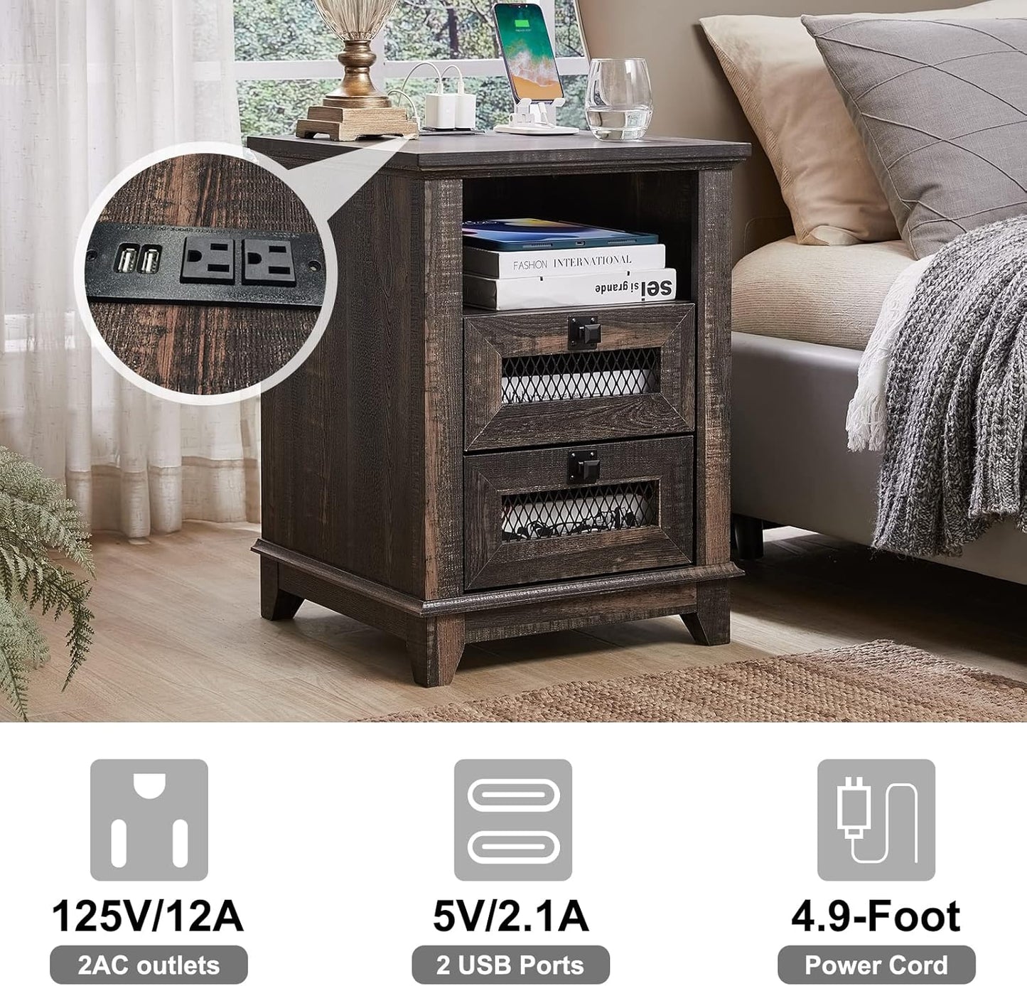 Nightstand with Charging Station, 18'' Industrial & Farmhouse End Table with 2 Drawers & Open Cubby, Rustic Mesh Drawer Sofa Side Table W/Storage for Bedroom, Living Room, Office, Dark Rustic Oak